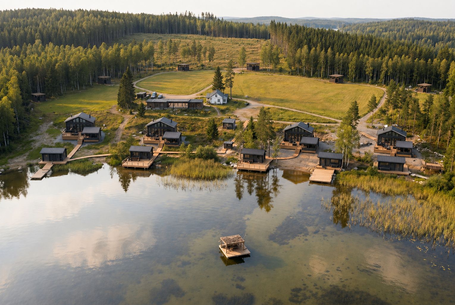 Aerial view of the planned villa village on the lake shore in summer