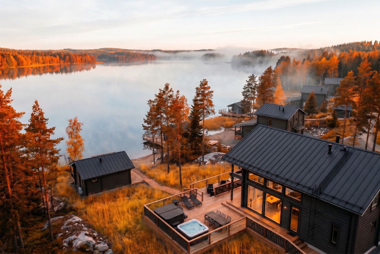 Lakeside villas at Lieksa in autumn colours, morning mist over the lake